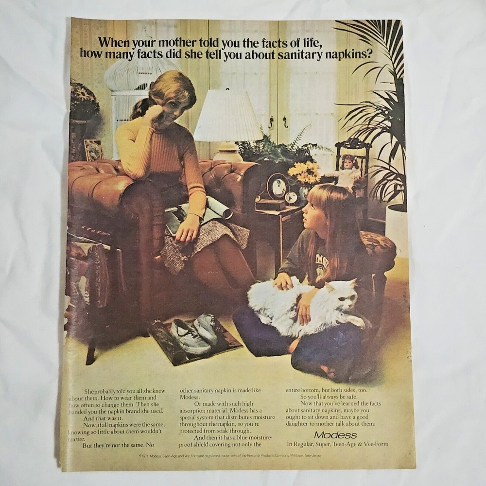 Vintage Print Ad Modess sanitary napkins mother daughter white cat clipping 1971